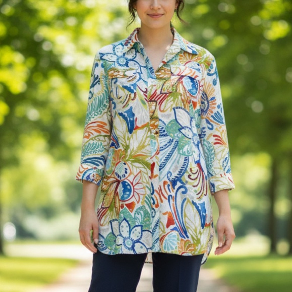 Chico's Linen Multicolored Tunic Sleeves 3/4 Tropical Floral Print Sz 0 (S-M)